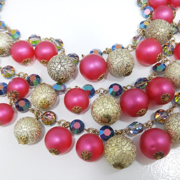 Vintage AB Crystals Red & Gold Beaded Necklace, Three Strands, 1960s - Picture 3 of 10